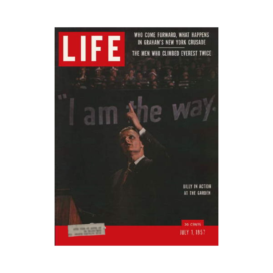 Vintage Life Magazine cover dated July 1, 1957 featuring Rev. Billy Graham at Madison Square Garden, highlighting his evangelistic crusade with the slogan 'I am the way'.