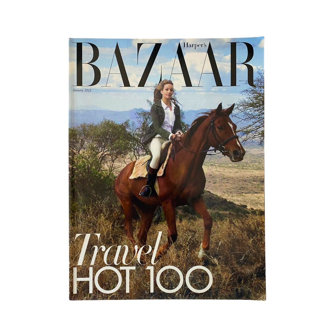Cover of Harper's Bazaar Magazine January 2012 featuring the Travel Hot 100 theme, showcasing a woman riding a horse in a scenic outdoor landscape.
