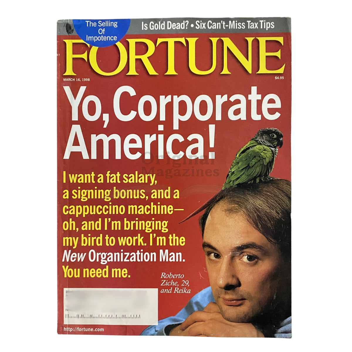 Fortune Magazine March 16, 1998 cover featuring a bold title 'Yo, Corporate America!' with a striking visual of a man and a parrot, illustrated by Roberto Ziche and Reika.