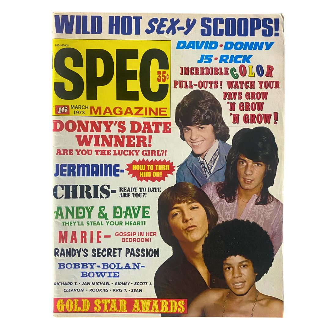 Cover of VTG 16 SPEC Magazine from March 1973, featuring Danny Osmond, Andy, Dave, and other popular stars of the 70s.