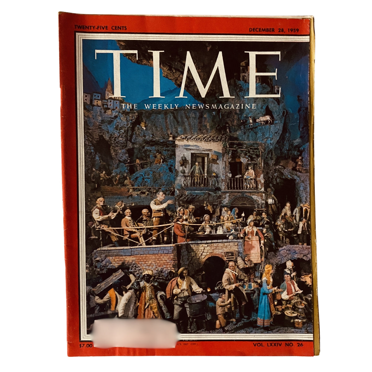 Time Magazine cover from December 28, 1959, Vol 74 No. 26 featuring a detailed illustration of an 18th-century crèche, showcasing traditional holiday scenes.