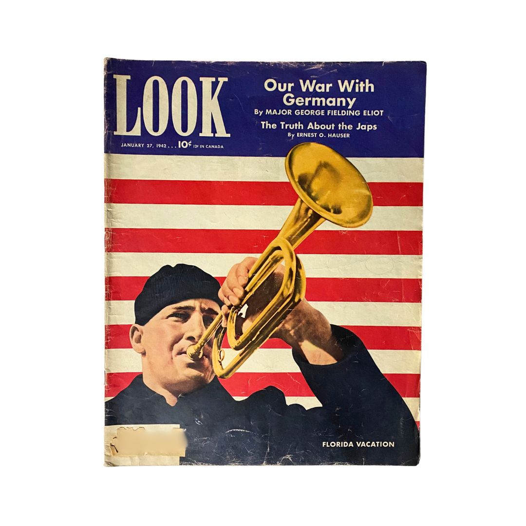 Cover of Look Magazine January 27, 1942, Volume 6, No. 2 featuring the title 'Our War with Germany' alongside a patriotic background with a man playing a trumpet.