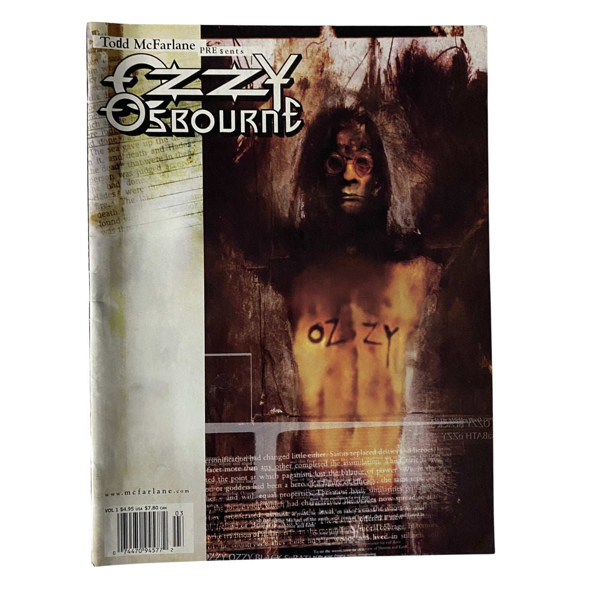 Cover of the 1999 Todd McFarlane Presents Vol 1 Ozzy Osbourne magazine featuring artwork of Ozzy with the name 'Ozzy' inscribed on his chest. This vintage collectible highlights the legacy of the rock legend, perfect for music memorabilia enthusiasts.