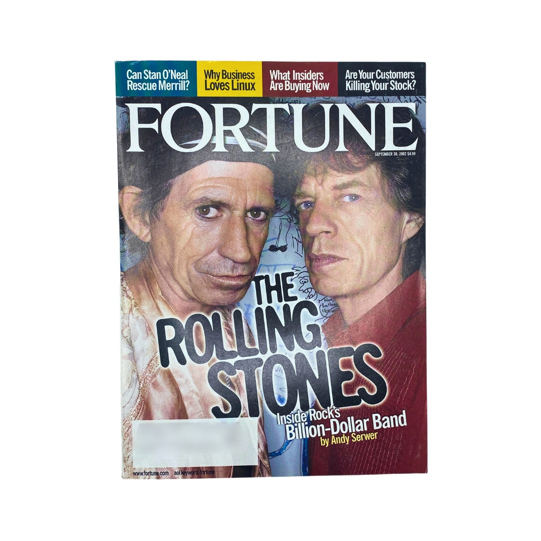 Fortune Magazine cover featuring Mick Jagger and Keith Richards, dated September 30, 2002, highlighting The Rolling Stones and discussing the music industry's connection to business.