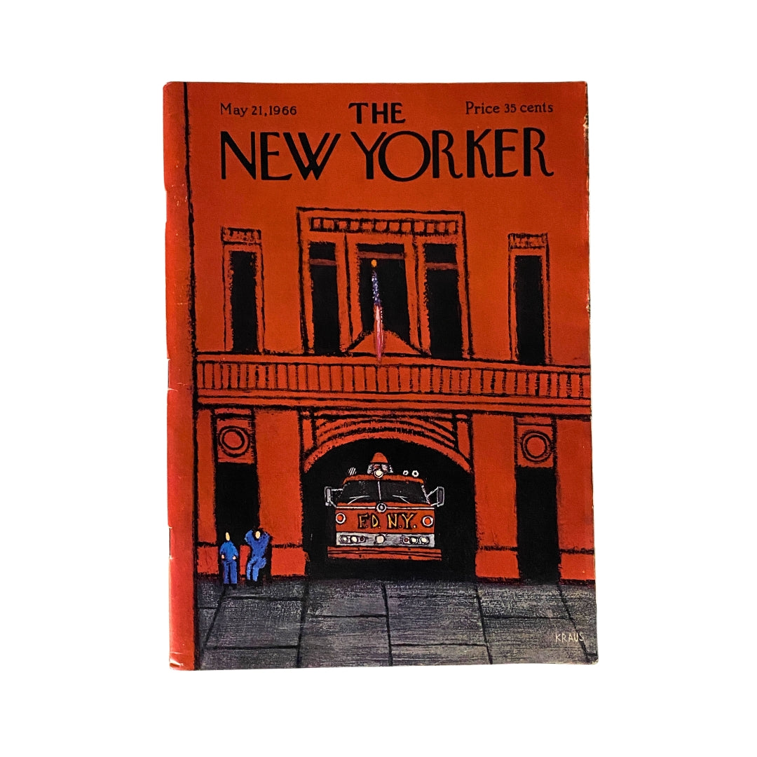 Cover of The New Yorker magazine dated May 21, 1966, featuring artwork by Robert Kraus, depicting a fire truck and individuals near a firehouse with a prominent red background.