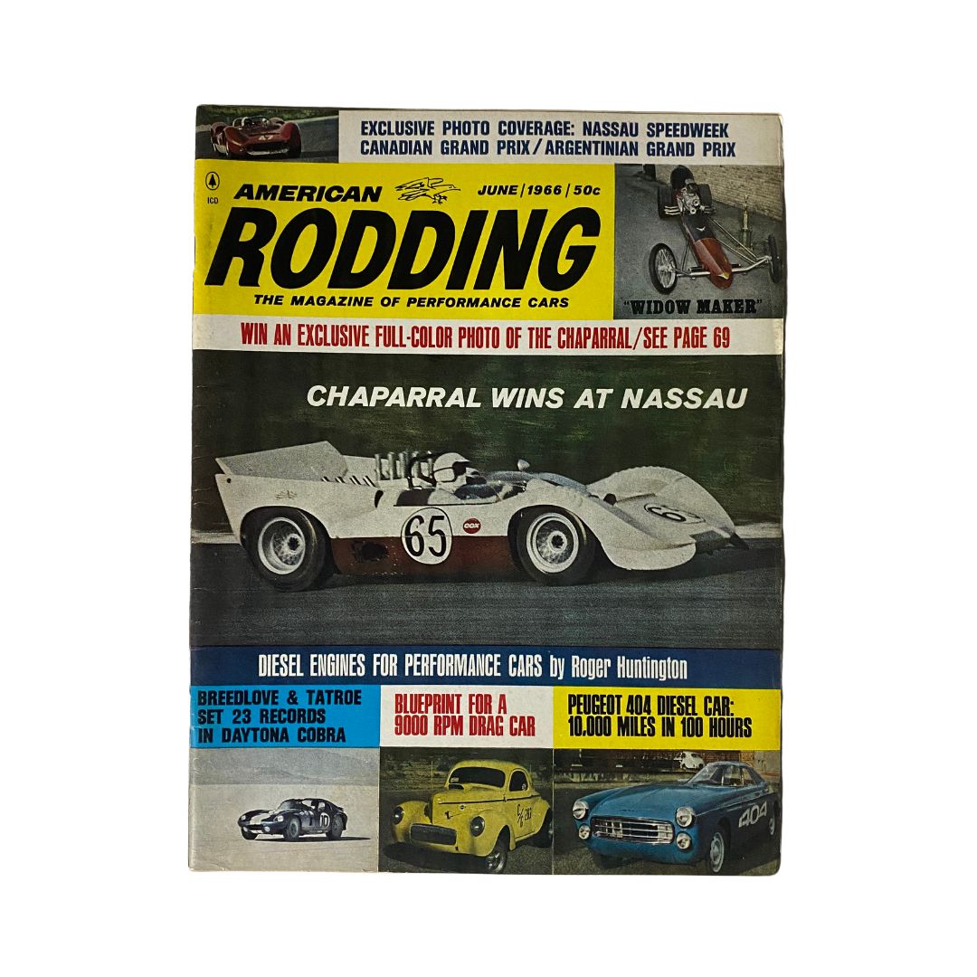 American Rodding Magazine June 1966 cover featuring Chaparral Wins at Nassau, showcasing a vintage racing car and highlighting motorsport excitement of the 1960s.