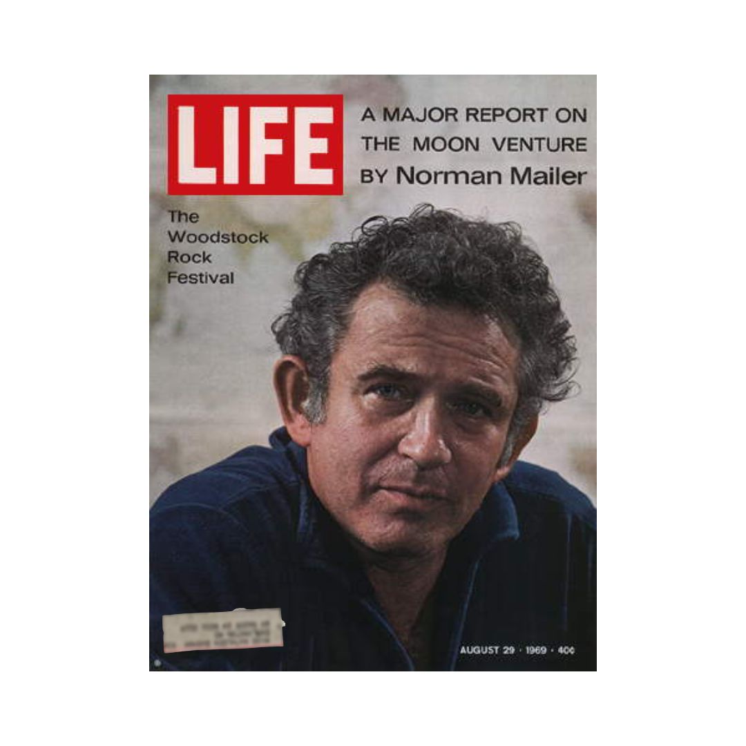 Cover of VTG Life Magazine from August 29, 1969, featuring a major report on the moon venture by Norman Mailer and highlighting the Woodstock Rock Festival, showcasing a close-up photo of Norman Mailer.