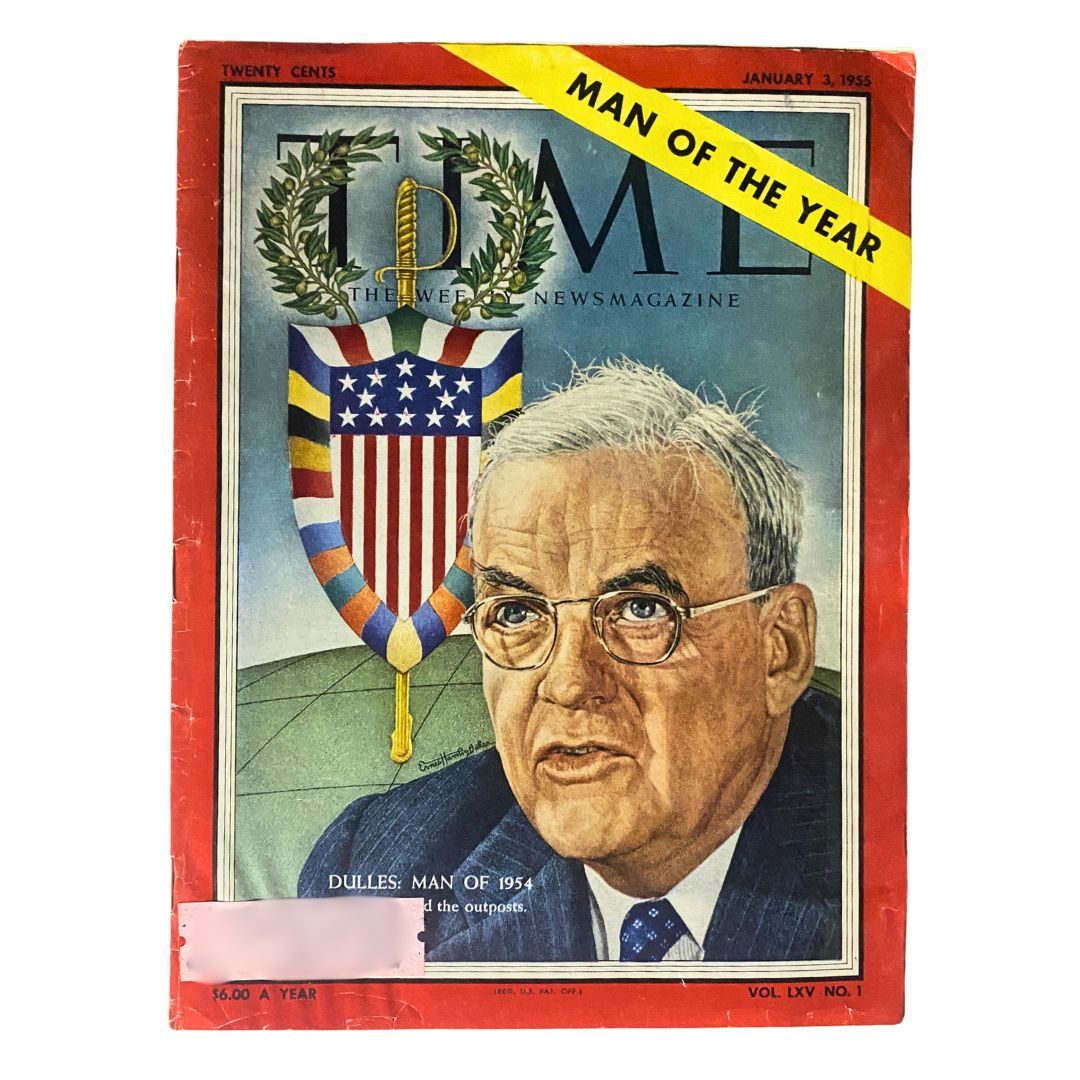 VTG Time Magazine January 3, 1955 cover featuring John Foster Dulles as 'Man of 1954' with an illustration of Dulles and a background of the American flag emblem.