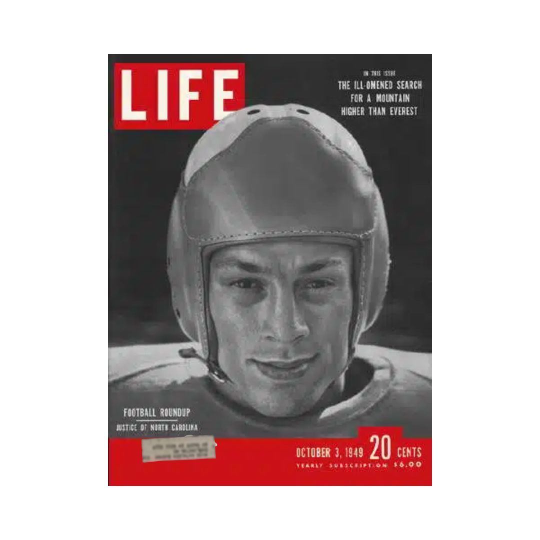 Cover of VTG Life Magazine from October 3, 1949 featuring Choo Choo Justice, a football player from North Carolina, highlighting the theme of sports and history.