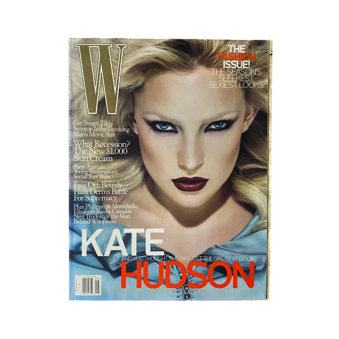 W Magazine September 2008 cover featuring actress Kate Hudson with striking makeup and a chic hairstyle, showcasing the fashion trends of the time.