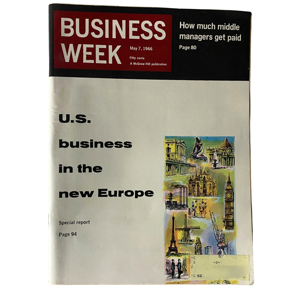 Cover of Business Week Magazine from May 7, 1966, featuring the title 'U.S. Business in the New Europe.' The issue includes illustrations representing various European landmarks and is marked as a special report.