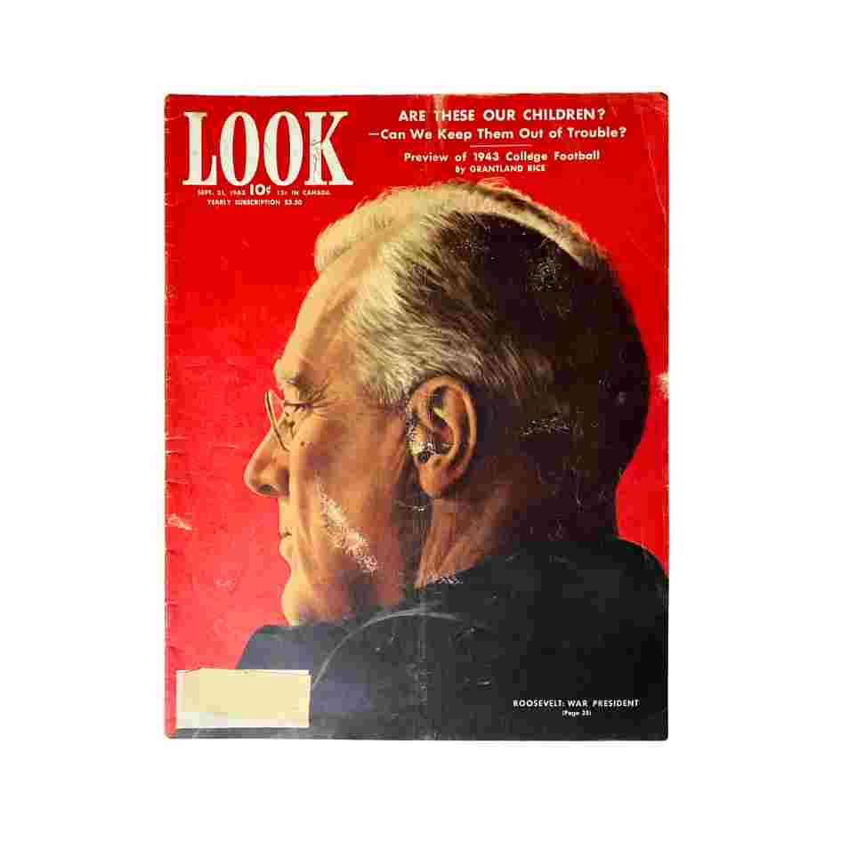 Cover of Look Magazine, September 21, 1943, Volume 7, No. 19 featuring a profile of Franklin D. Roosevelt, with a red background and the title 'LOOK' prominently displayed.