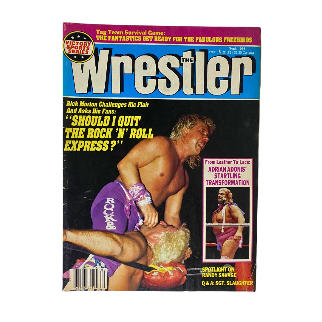 Cover of VTG The Wrestler Magazine September 1986 featuring Rick Morton challenging Ric Flair, showcasing wrestling action and vibrant graphics.