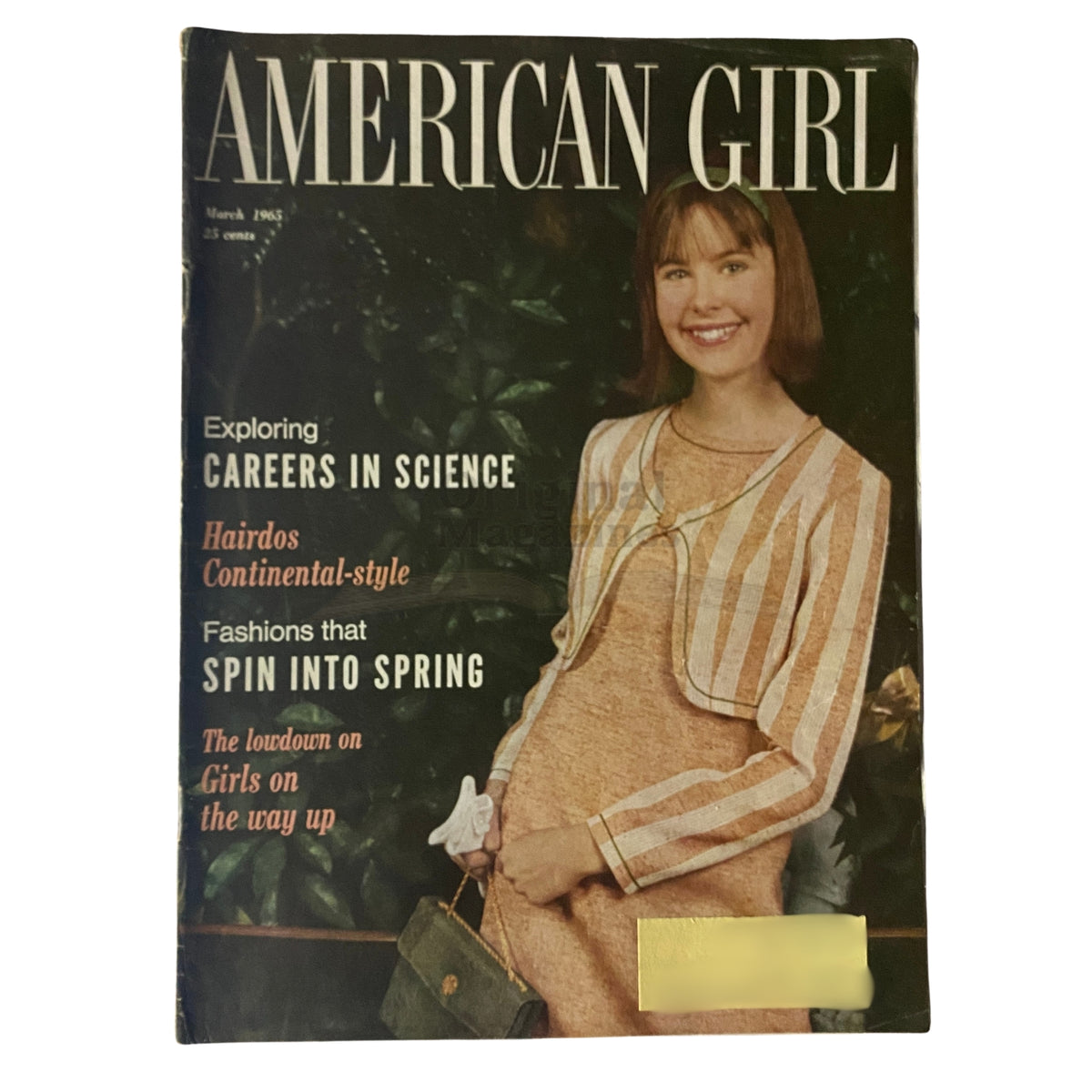Cover of American Girl Magazine from March 1965, featuring the title 'The Lowdown on Girls on The Way Up', highlighting articles about careers in science, spring fashion, and hairstyles.
