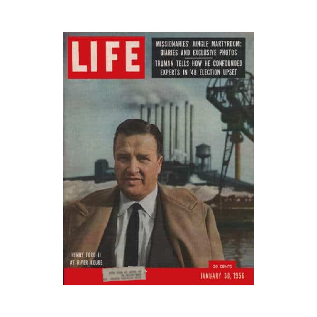 Vintage Life Magazine cover dated January 30, 1956, featuring Henry Ford II at River Rouge. The cover showcases significant historical themes related to American business and culture in the mid-20th century.