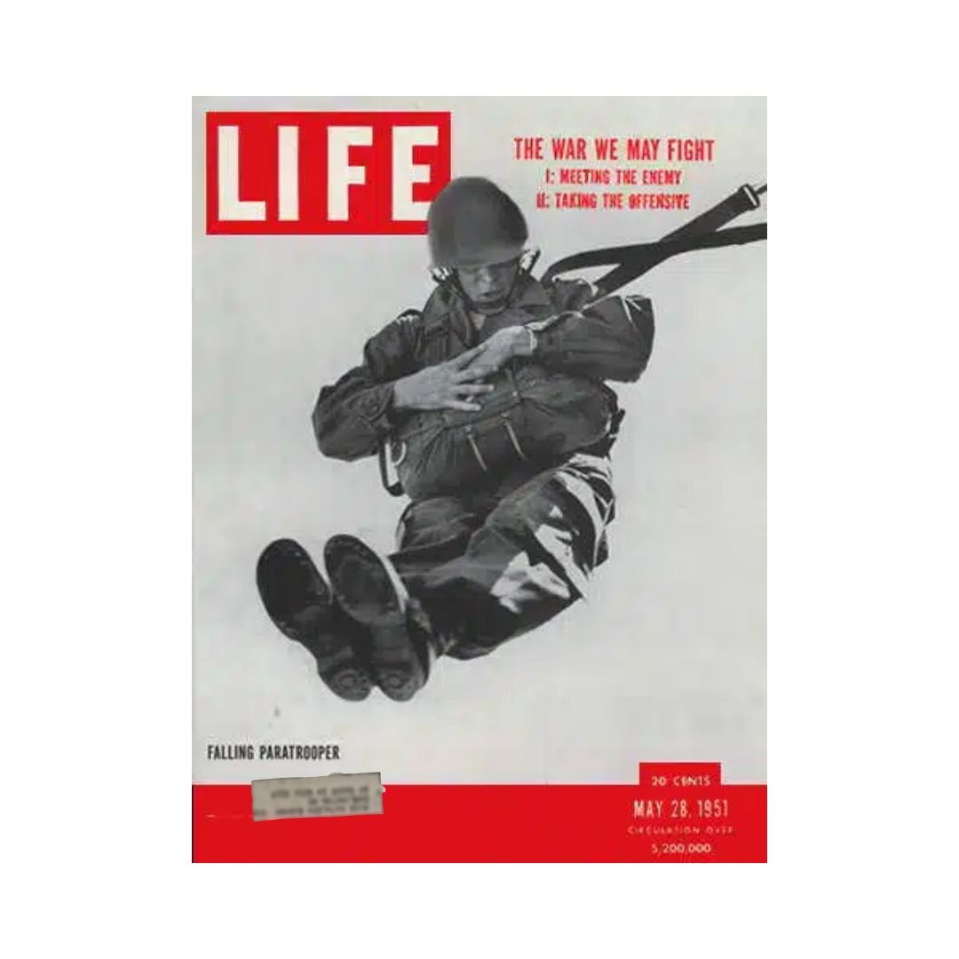 Cover of VTG Life Magazine May 28, 1951 featuring a U.S. Army falling paratrooper, showcasing military themes and historical photography from the era.