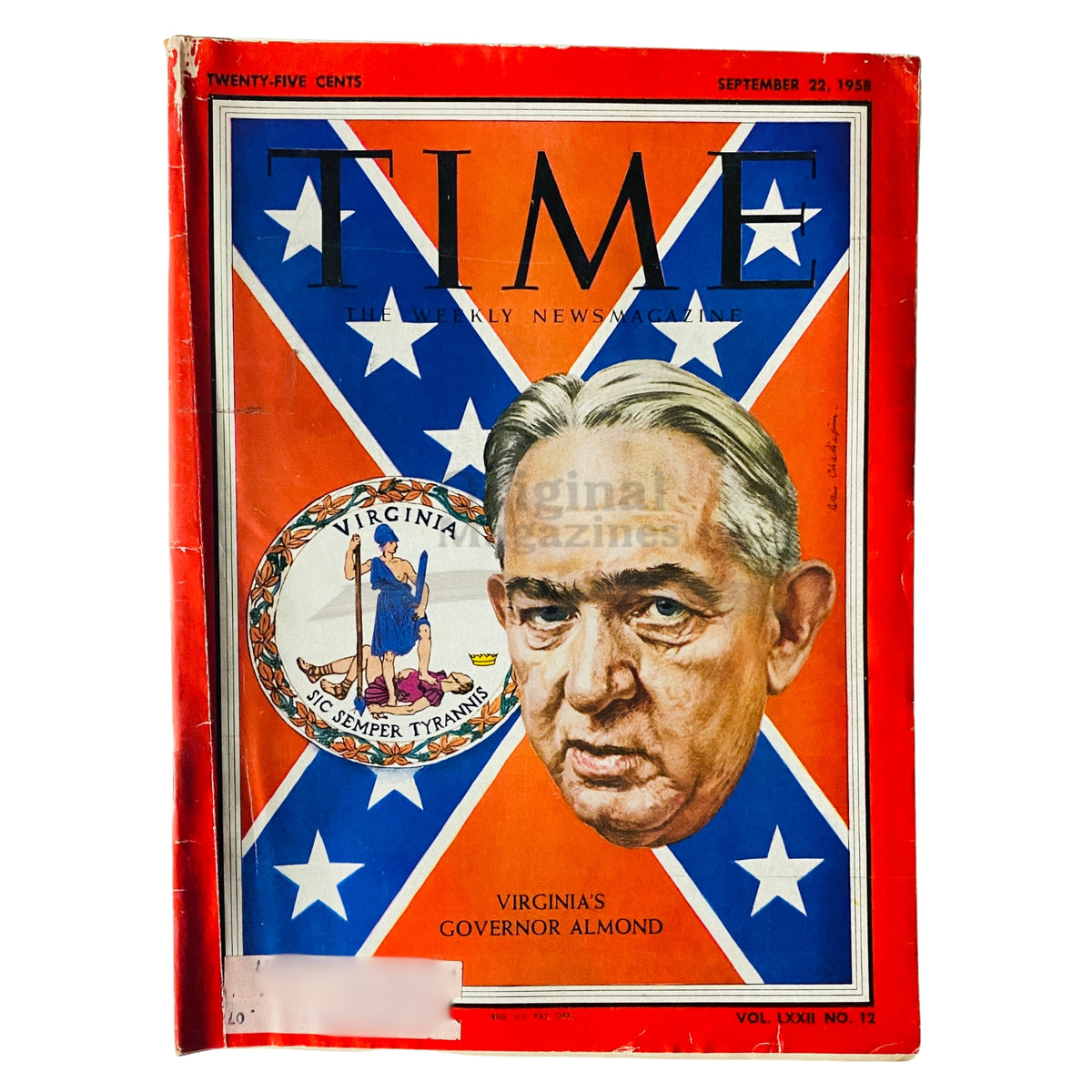 Time Magazine September 22 1958 Vol 72 No. 12 featuring Virginia's J. Lindsay Almond on the cover, showcasing a detailed illustration against a backdrop of the Confederate flag.