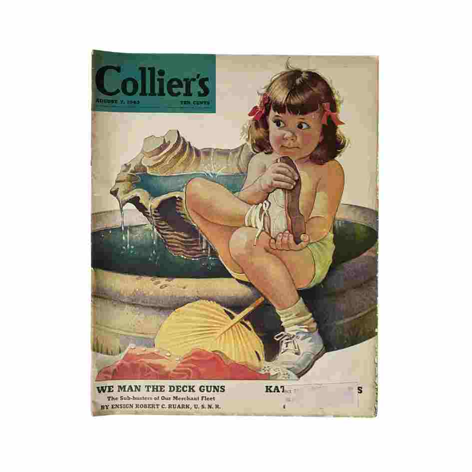 Collier's Magazine August 7, 1943 cover featuring a young girl playfully sitting on the edge of a fountain, showcasing vibrant illustrations by Frances Tipton Hunter.