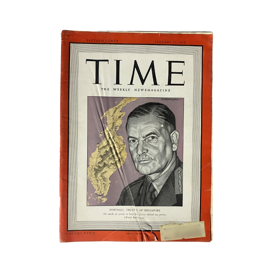 Vintage Time Magazine cover from January 12, 1942, featuring Henry Pownall, Trustee of Singapore, highlighting significant historical context from World War II.