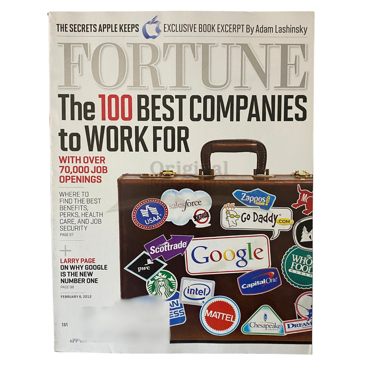 Fortune Magazine cover from February 6, 2012, featuring 'The 100 Best Companies to Work For' with notable company logos and a briefcase, highlighting over 70,000 job openings.
