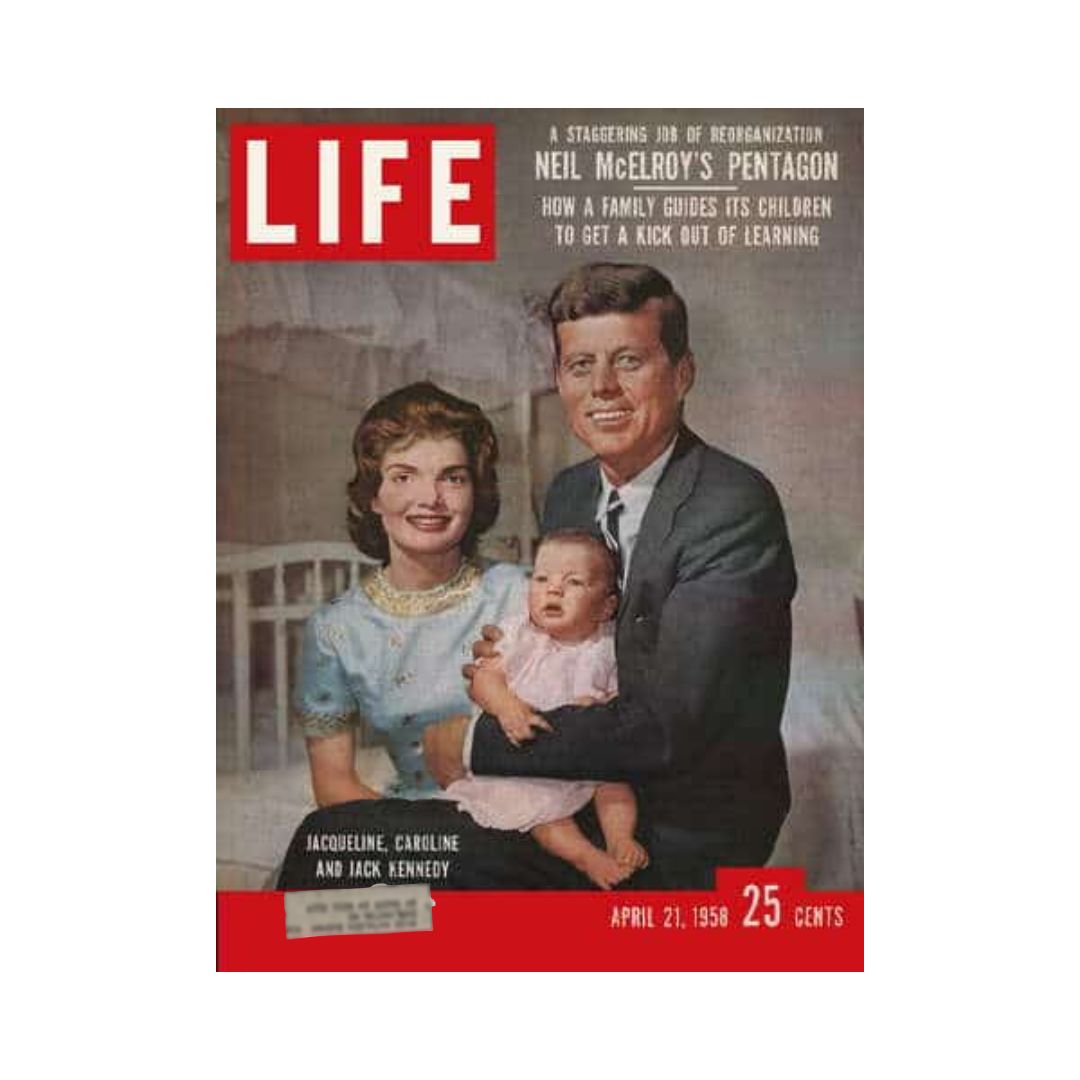 Cover of VTG Life Magazine April 21, 1958 featuring Jacqueline Kennedy, Caroline Kennedy, and Senator John F. Kennedy. The magazine discusses family guidance and educational themes, highlighted by a prominent image of the Kennedy family.