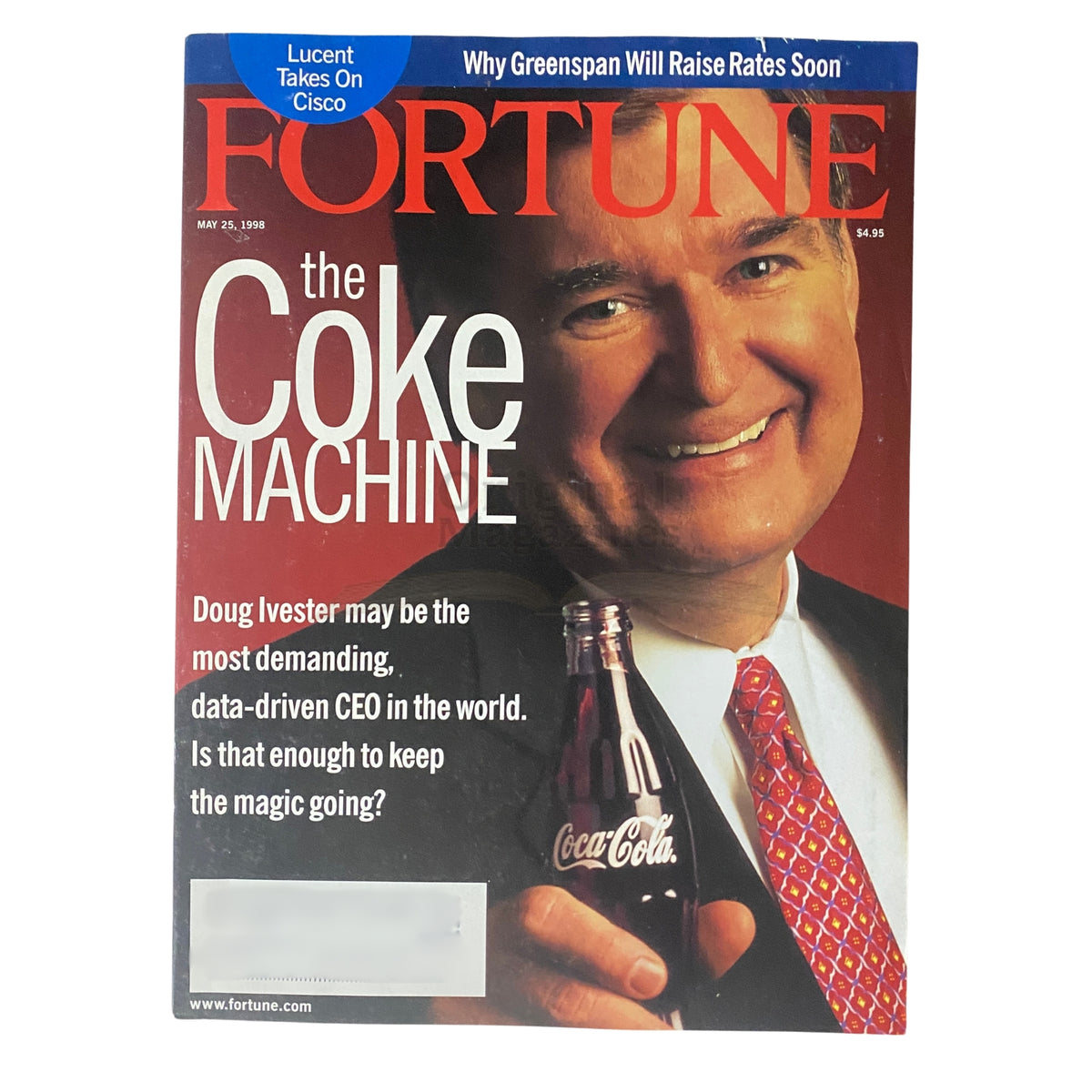 Fortune Magazine from May 25, 1998 featuring Doug Ivester on the cover, titled 'the Coke Machine.' The cover highlights Ivester's approach as CEO of Coca-Cola, with a dynamic portrait of him holding a Coca-Cola bottle.