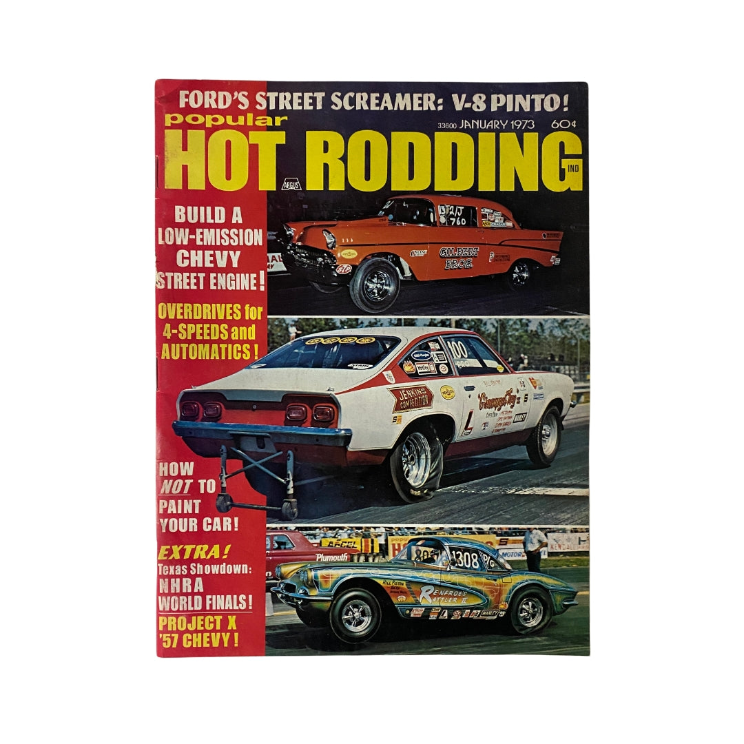 Cover of Popular Hot Rodding Magazine January 1973 featuring articles on hot rodding, including 'How Not To Paint Your Car'. The magazine showcases various racing cars and automotive tips.