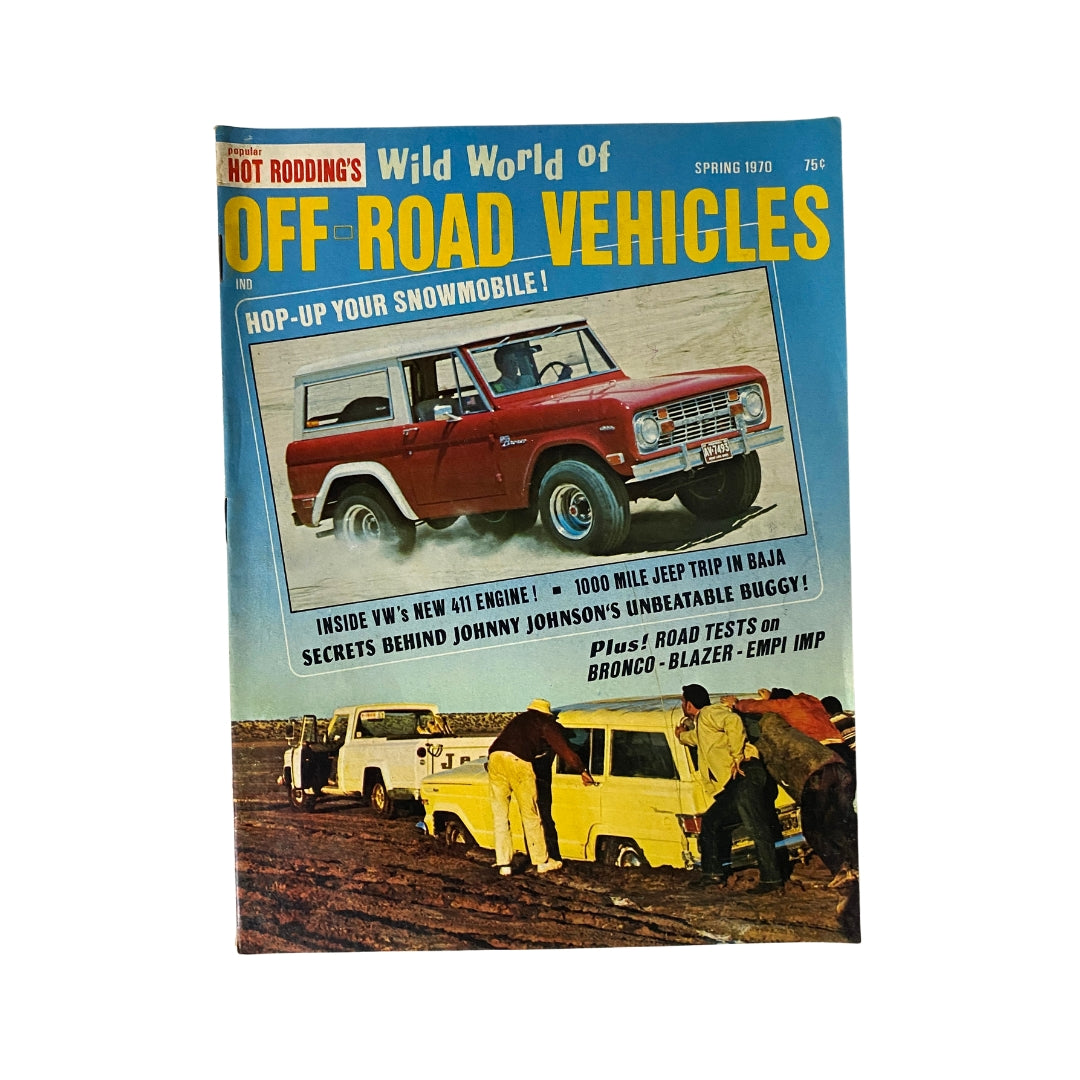 Cover of VTG Popular Hot Rodding Spring 1970 Wild World of Off-Road Vehicles magazine featuring a red Bronco, showcasing off-road vehicles and adventures.