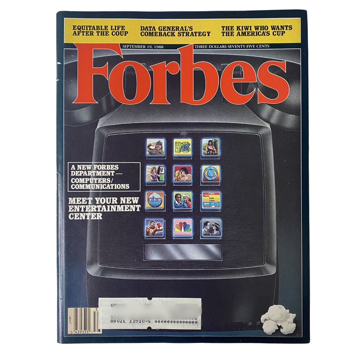 Forbes Magazine cover from September 19, 1988, featuring the title 'Good-Bye Cable TV, Hello Fiber Optics' with visuals of entertainment icons on a television screen.