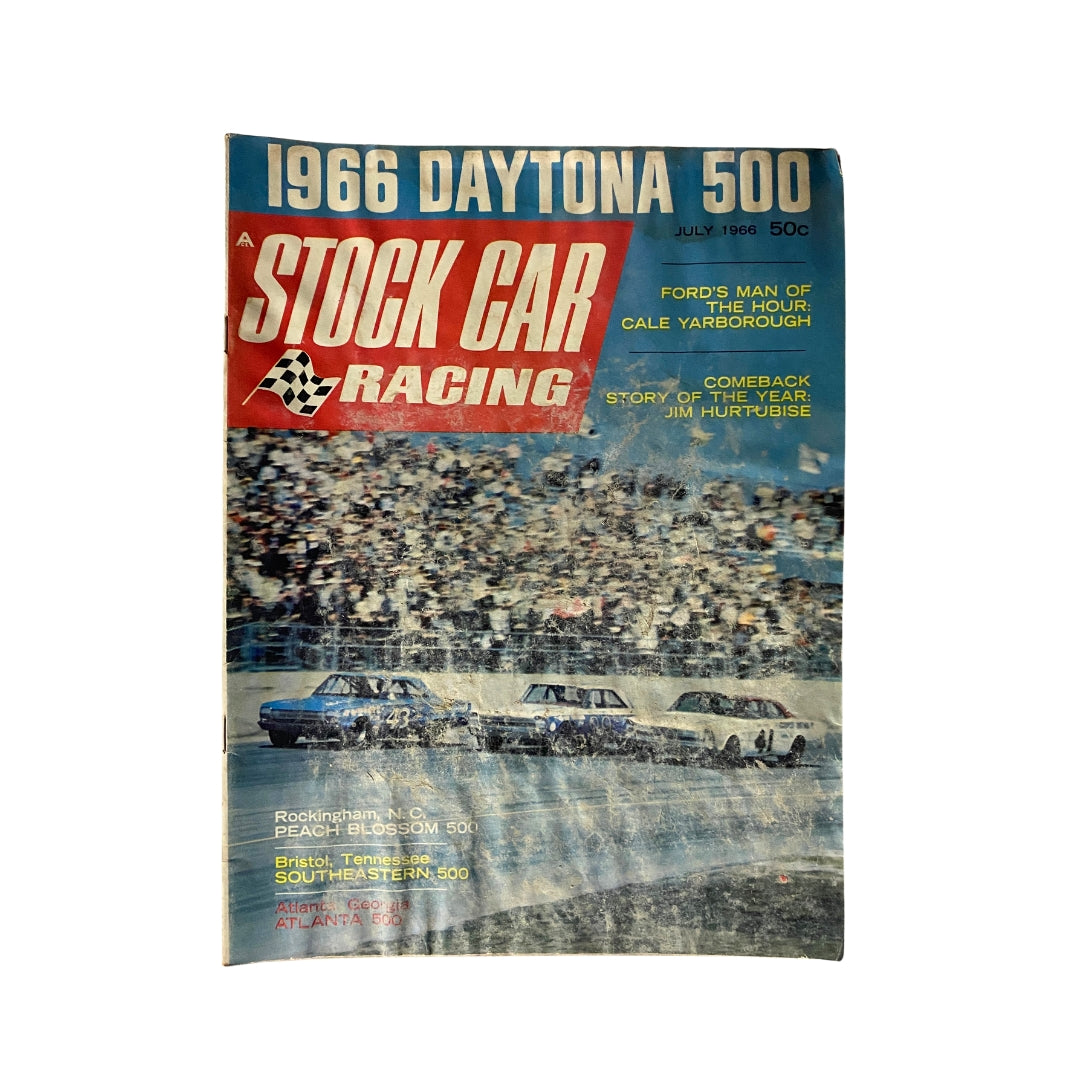 Cover of the July 1966 issue of Stock Car Racing Magazine featuring the Daytona 500, highlighting Cale Yarborough and Jim Hurtubise's comeback story. The design showcases vibrant racing visuals and promotional text, ideal for collectors of vintage racing memorabilia.