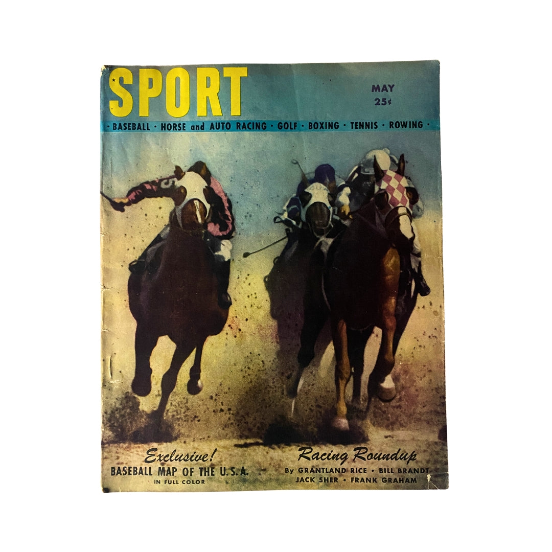 Cover of Sport Magazine May 1947 featuring Racing Roundup with horse racing scene, illustrating excitement of mid-20th century motorsport.