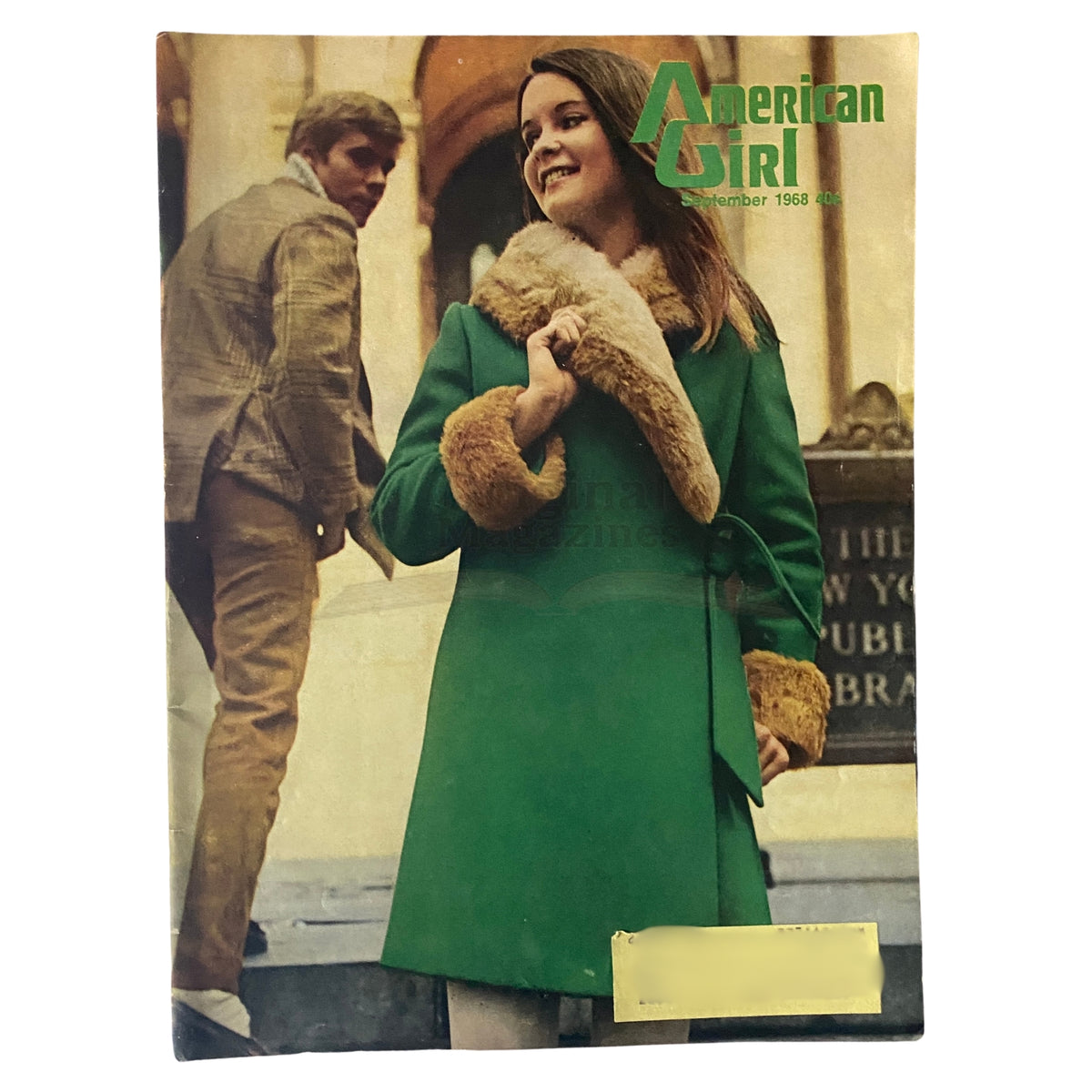Cover of American Girl Magazine, September 1968 edition, featuring a young woman in a stylish green coat with fur collar and a smiling expression, alongside a young man in a patterned outfit, capturing the fashion and culture of the late 1960s.