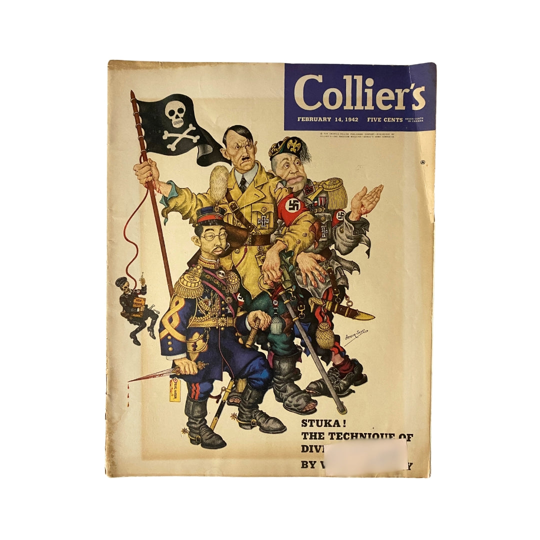 VTG Collier's Magazine February 14, 1942 featuring a satirical cover illustration by Arthur Szyk depicting caricatures of military leaders from World War II.