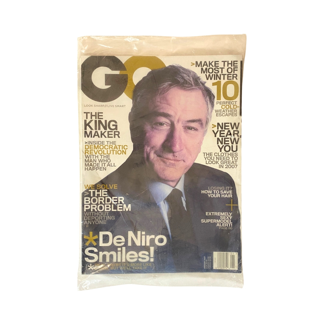 GQ Magazine January 2007 featuring Robert De Niro on the cover, highlighting his iconic presence, and promoting design and fashion trends of the era.