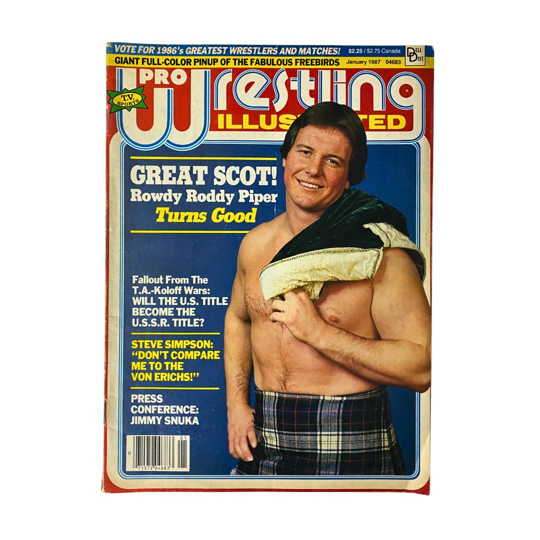 Pro Wrestling Illustrated Magazine January 1987 cover featuring Roddy Piper, showcasing the headline 'GREAT SCOT! Rowdy Roddy Piper Turns Good'.