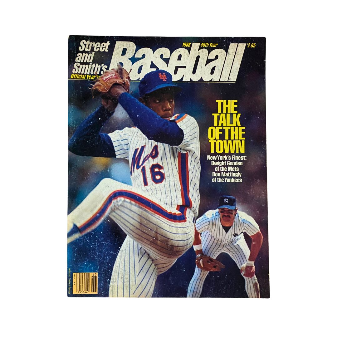 Cover of Street & Smith's Baseball Official Yearbook 1986 featuring Dwight Gooden in a New York Mets uniform, highlighting the excitement of the MLB season with the title 'The Talk of the Town'.