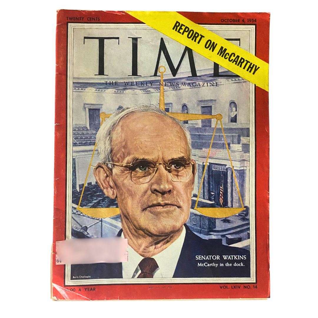 VTG Time Magazine October 4, 1954 Vol 64 No. 14 featuring Senator Arthur V. Watkins on the cover, with striking visuals highlighting the political landscape of the 1950s.