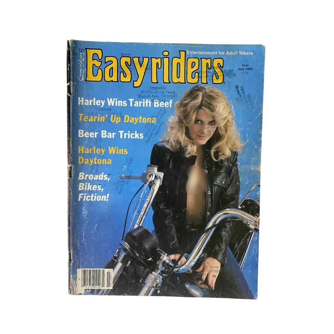 VTG Easyriders Magazine July 1983 cover featuring a female model on a motorcycle, with headlines about Harley's victories and biker culture, perfect for motorcycle enthusiasts and collectors.