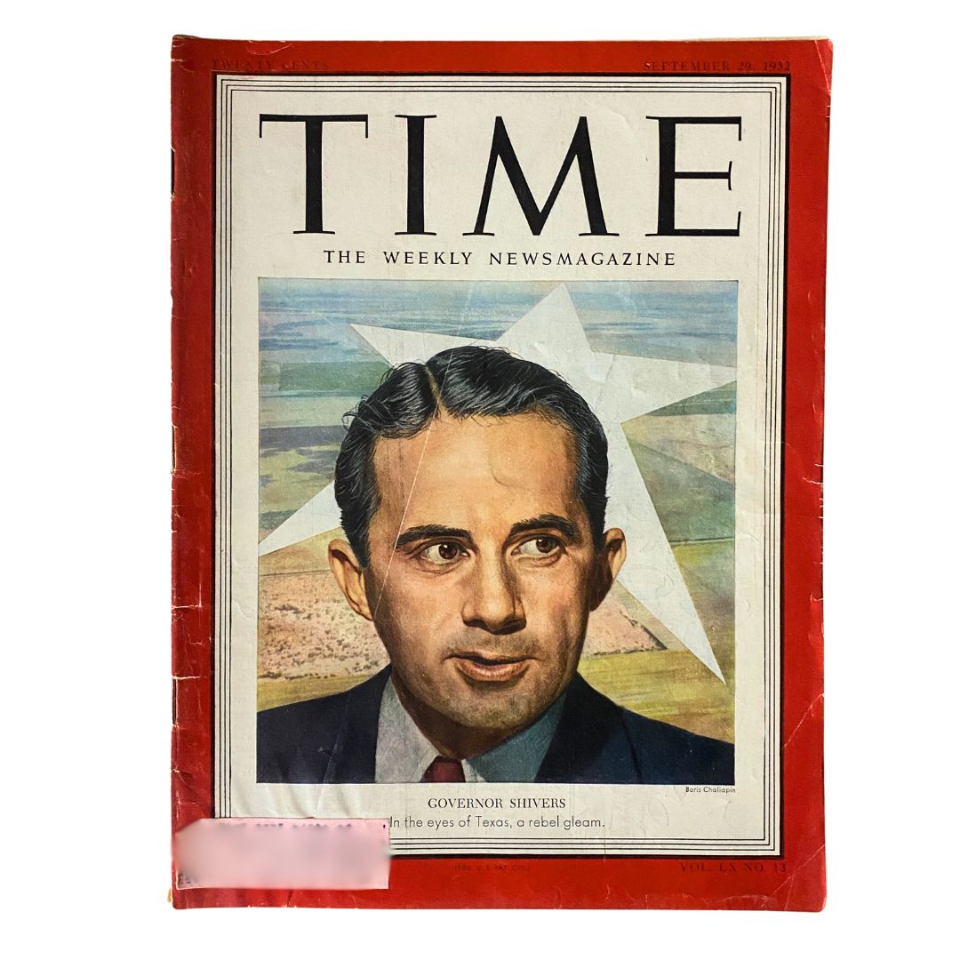 VTG Time Magazine September 29, 1952 featuring Governor Allan Shivers on the cover, showcasing a portrait of the Texas governor against a backdrop of a star and sky.