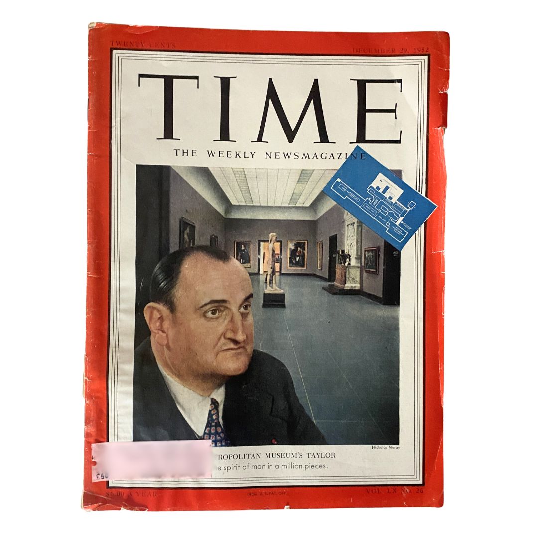 VTG Time Magazine December 29, 1952 Vol 60 No. 26 featuring a cover portrait of Francis Henry Taylor in an art gallery setting.