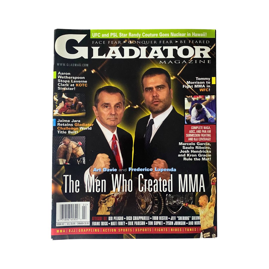 Cover of Gladiator Magazine Issue No. 2 featuring Art Davie and Frederico Lapenda, highlighting their role in the creation of MMA.