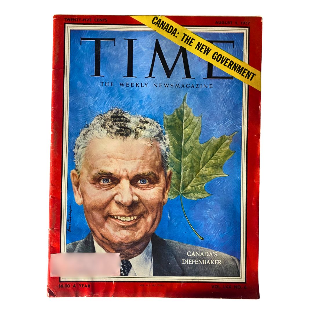 VTG Time Magazine August 5, 1957, featuring John Diefenbaker on the cover with a maple leaf background, showcasing the political climate of Canada.