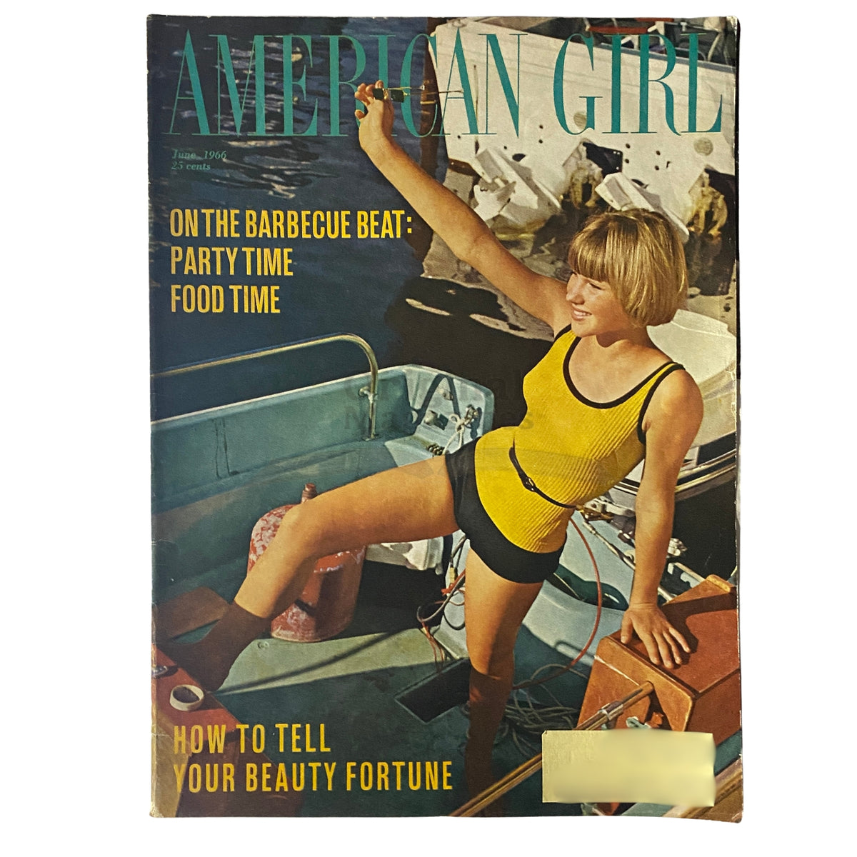 Cover of American Girl Magazine June 1966 featuring a young girl in a swimsuit on a boat with the headline 'On the Barbecue Beat: Party Time Food Time' and 'How To Tell Your Beauty Fortune'.