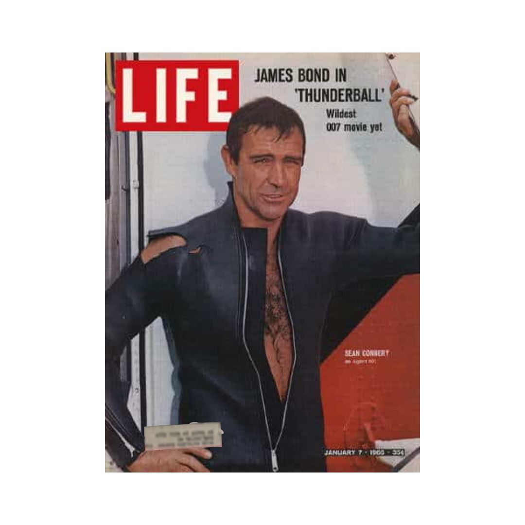 Cover of VTG Life Magazine dated January 7, 1966 featuring Sean Connery as James Bond in 'Thunderball'. The magazine highlights the wildest 007 movie yet, showcasing Connery in a black wetsuit.