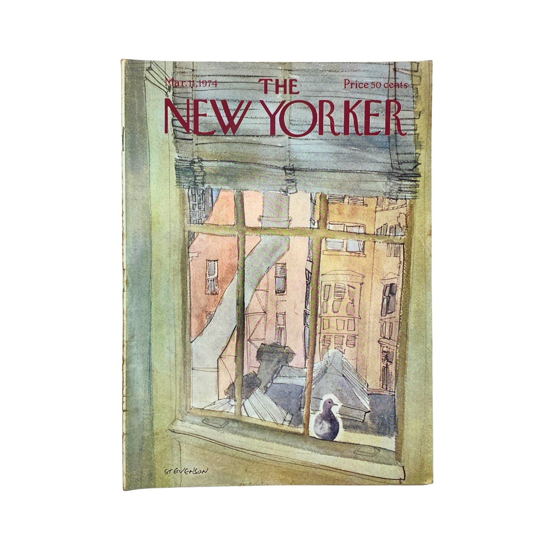 The New Yorker Complete Magazine March 11, 1974 featuring a watercolor cover illustration by James Stevenson, depicting a view from a window overlooking urban rooftops and a pigeon.
