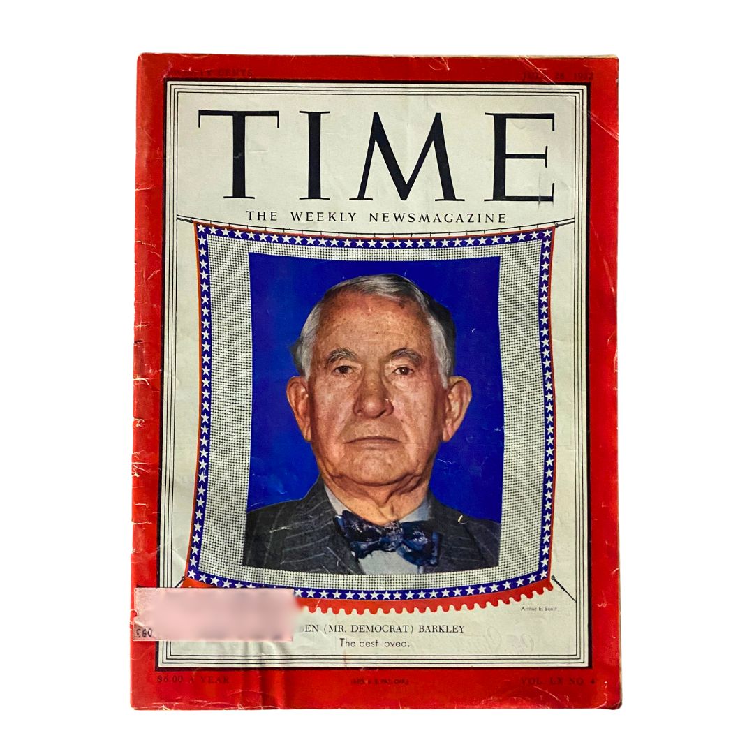Cover of the Vintage Time Magazine dated July 28, 1952, featuring Alben W. Barkley, Vol 60 No. 4. This iconic magazine captures significant historical moments from the early 1950s.