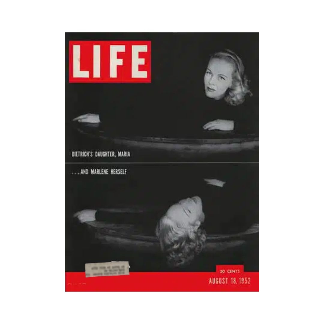 Vintage Life Magazine cover from August 18, 1952 featuring Marlene Dietrich and her daughter Maria, displaying a classic black and white photo with the title 'DIETRICH'S DAUGHTER, MARIA' and '. . . AND MARLENE HERSELF'.