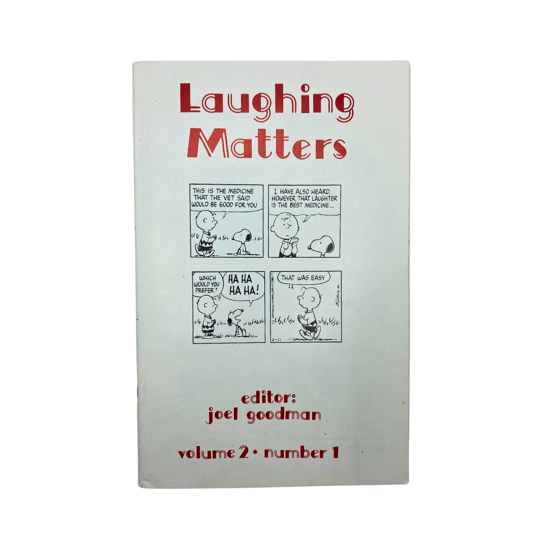 Cover of Laughing Matters Volume 2 Number 1 featuring Snoopy and Charlie, edited by Joel Goodman, showcasing vintage comic art.