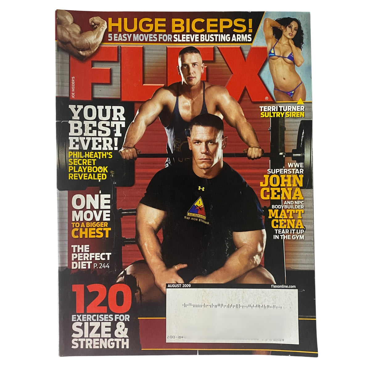 Flex Magazine August 2009, Volume 27, Number 6 cover featuring WWE superstar John Cena and his brother Matt Cena, showcasing fitness tips, bodybuilding insights, and exclusive interviews.