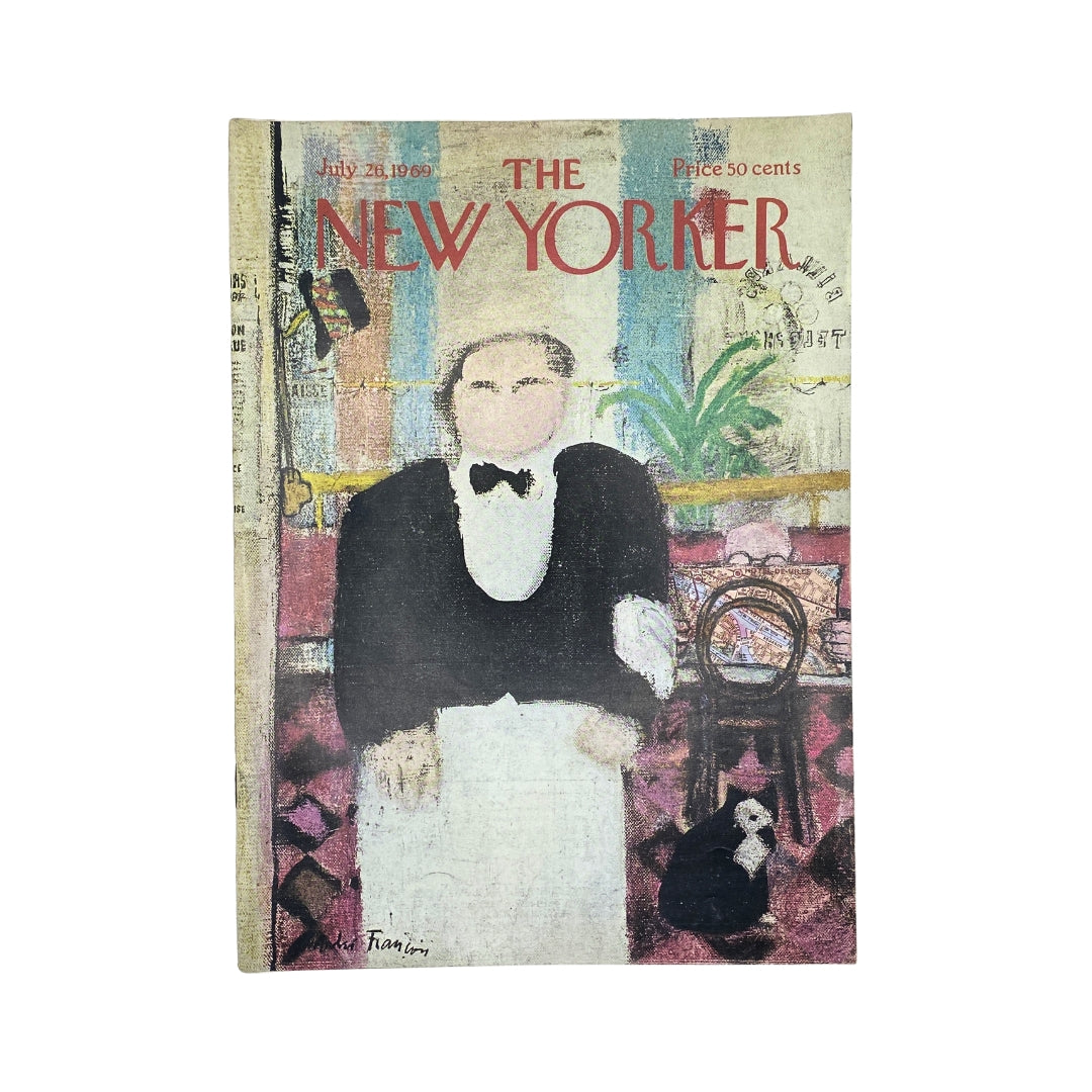 The New Yorker Complete Magazine cover from July 26, 1969, featuring a vibrant illustration by André François, depicting a waiter in a black tuxedo in an elegant setting, perfect for vintage magazine collectors.
